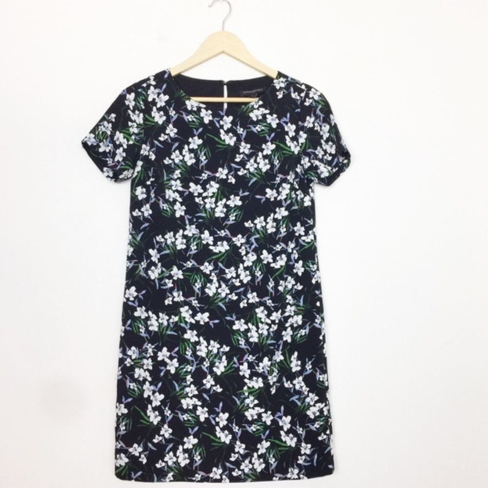 Banana Republic Navy Floral Mini Dress with White and Green Print